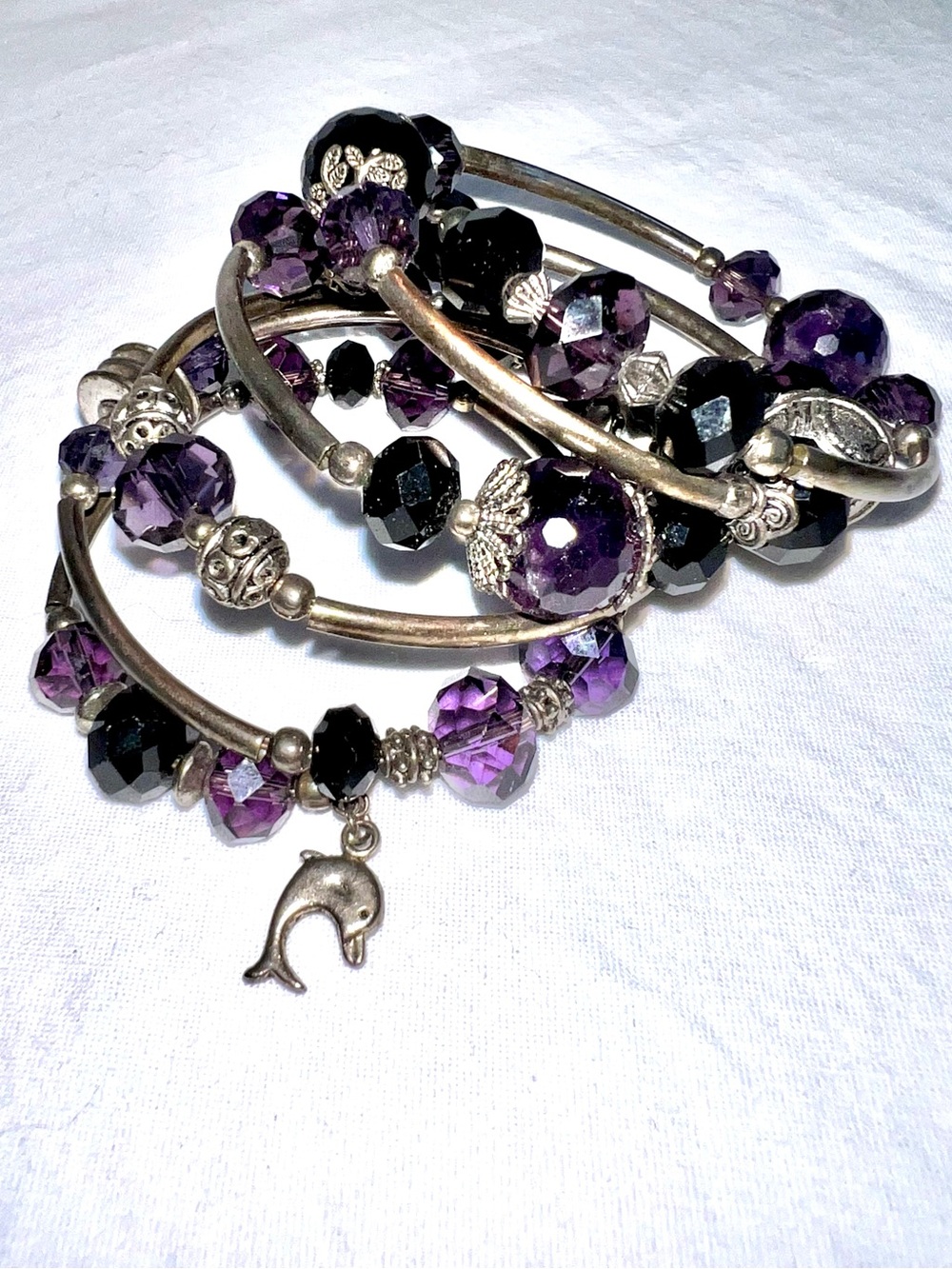 Silver Tone Wrap Bracelet Purple Black Beaded Multi Strand Dolphin Charm
